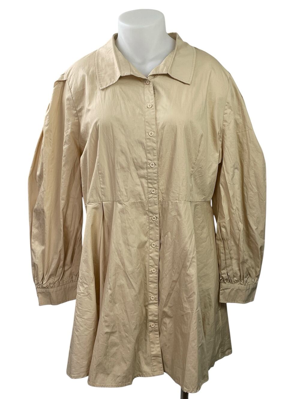 NEW Boohoo Cream Long Baloon Sleeve Pleated Mini Button Down Shirt Dress Size 20